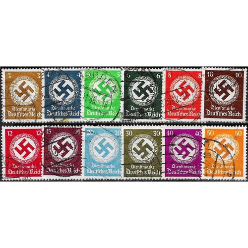 Allemagne, 3ème Reich 1934, Belle Série Complète Timbres De Service Yvert 93 À 104, Croix Gammée Dans Couronne De Feuilles De Chênes, Oblitérés, Tbe.