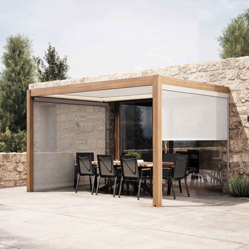 Pergola Bioclimatique Adossée 3x4m Et 2 Stores En Bois Blanc