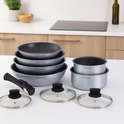 Batterie De Cuisine Arthur Martin Am167s 10 Pièces - Aluminium - Poignée Amovible - Tous Feux Dont Induction
