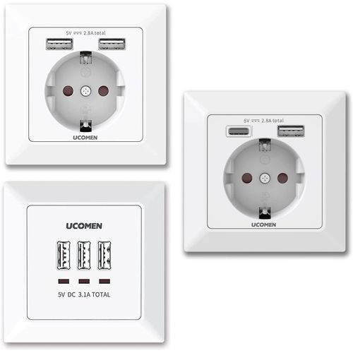 Lot De 3 Prises Murales 2,8 A Avec Ports Usb Type A Et C, Socket Flush Mounted 3,1 A, Prise Électrique Blanche[MAT790579]