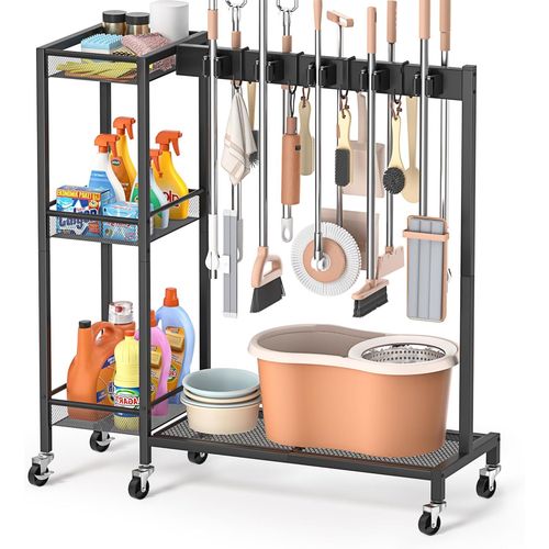 Support Balai Avec Organisateur De Produits De Nettoyage Armoire De Rangement Avec Caddy De Nettoyage Chariot De Ménage Avec Crochets Porte-Balai Et Porte-Mop Organisation Buanderi[MAT790522]