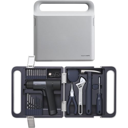 Boîte À Outils, Set De 26 Pièces, Inclus Perceuse 12V, Tournevis, Clé, Marteau, Pince, Mètre Ruban, Adapté Pour Ateliers Et Maison, Gris/Bleu Foncé[MAT791386]