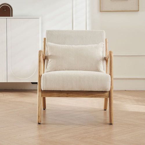 Fauteuil En Bois Et Velours Côtelé Beige