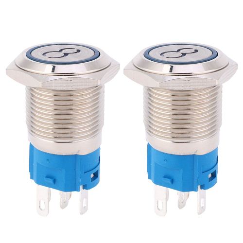 Lot de 2 interrupteurs a bouton-poussoir de 16 mm en acier inoxydable, tete plate, reinitialisation automatique, 5 broches, symbole ??8??, bleu, 220 V CA