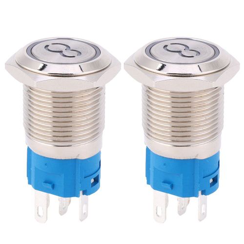 Lot de 2 interrupteurs a bouton-poussoir de 16 mm en acier inoxydable, tete plate, reinitialisation automatique, 5 broches, symbole ??8??, blanc, 220 V CA