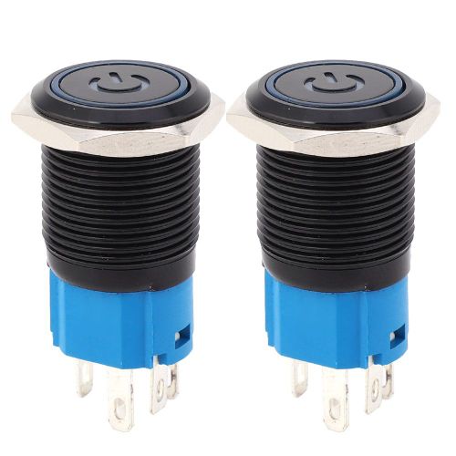 Interrupteur metallique autobloquant noir, protection IP65, 2 pieces, avec lampe LED et symbole, 16 mm (bleu 12 V CC)
