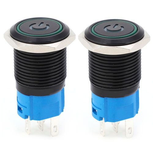 Interrupteur metallique autobloquant noir, protection IP65, 2 pieces, avec lampe LED et symbole, 16 mm (vert 24 V CC)