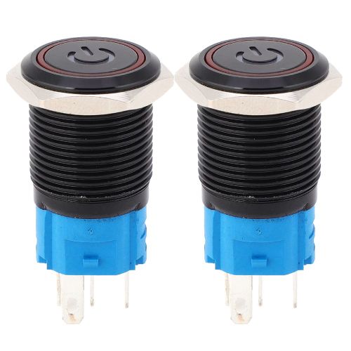 Interrupteur metallique autobloquant noir, protection IP65, avec lampe LED et symbole, 16 mm (rouge 3-6 V CC), 2 pieces