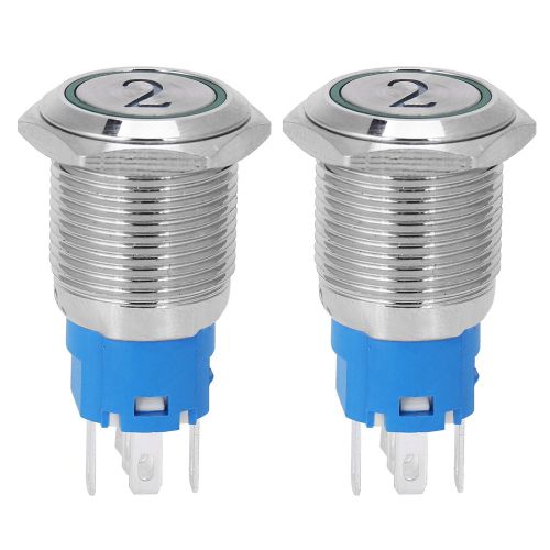 Lot de 2 interrupteurs a bouton-poussoir plats en metal a reinitialisation automatique, 5 broches, avec voyant et symbole numero 2, 16 mm, 220 V CA, vert