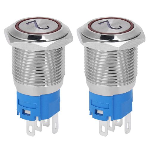 Lot de 2 interrupteurs a bouton-poussoir plats en metal a reinitialisation automatique, 5 broches, avec voyant et symbole numero 2, 16 mm, 220 V CA, rouge