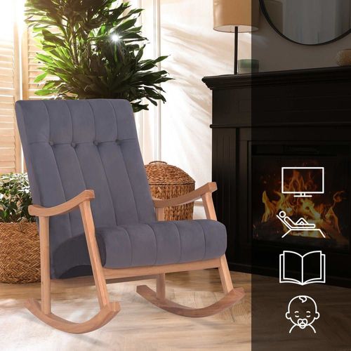 Chaise À Bascule Avec Accoudoirs Et Assise En Velours Nature / Gris