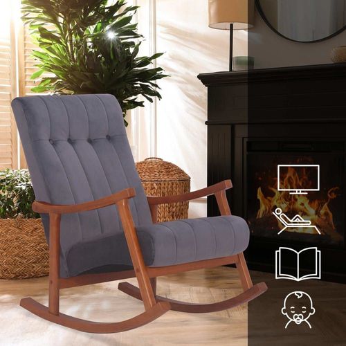 Chaise À Bascule Avec Accoudoirs Et Assise En Velours Noyer / Gris