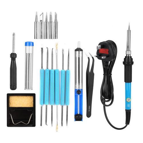Kit de fer a souder a temperature reglable 19 pieces 60 W avec support de panne et pompe a dessouder (220 V, Royaume-Uni)