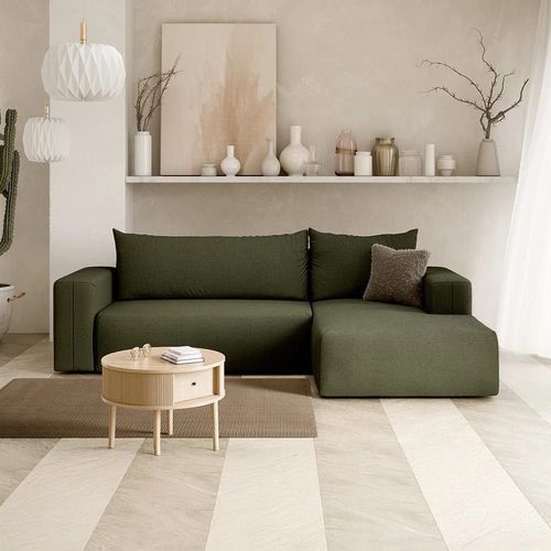 Canapé D'angle Droit Convertible 4 Places En Tissu Kaki