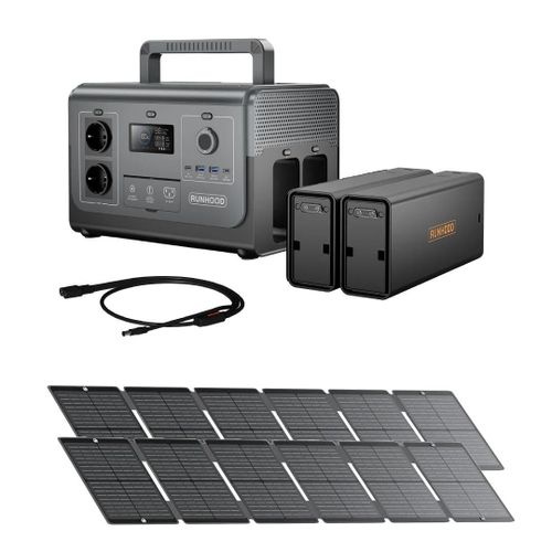 Kit Éco-Domestique RUNHOOD ¿ HE1200 + 2×EB324 + 2×SERI100 + Y Cable ¿ 1296 Wh, Recharge solaire rapide