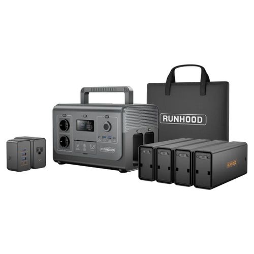 Station d¿Énergie RUNHOOD HE1200 ¿ 1200 W Sinus Pur ¿ 4 EB324 ¿ 648 Wh ¿ Recharge Solaire & AC ¿ Modulaire & Échange à Chaud