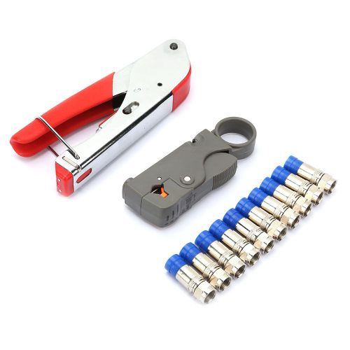 Pince a sertir pour cable coaxial, 12 pieces, tete F, pince a denuder, coupe-fil, ensemble d'outils (tete F bleue)
