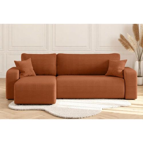 Canapé D'angle Convertible 3 Places En Velours Cotelé Terracotta
