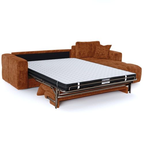 Canapé D'angle Droit Convertible 5 Places Velours Gaufré Terracotta