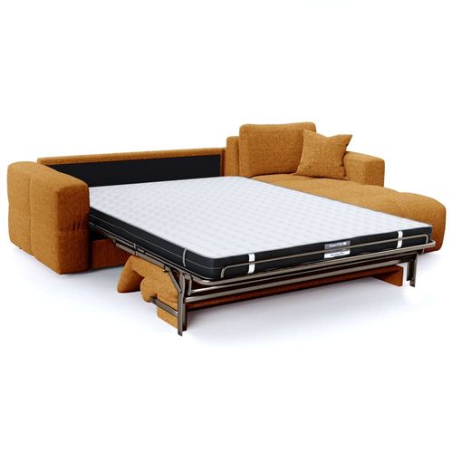 Canapé D'angle Droit Convertible 5 Places Velours Texturé Moutarde
