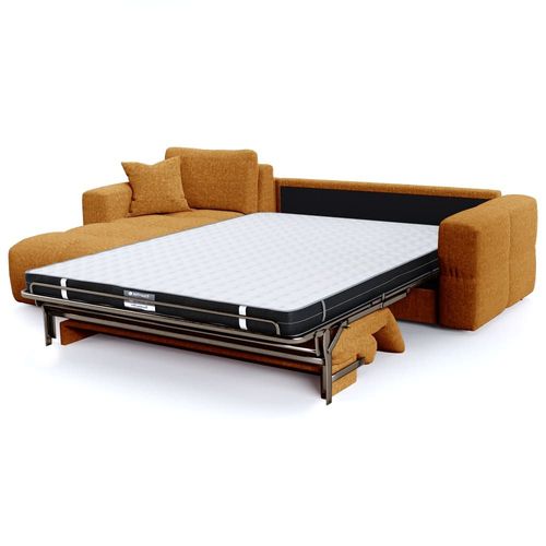 Canapé D'angle Gauche Convertible 5 Places Velours Texturé Moutarde