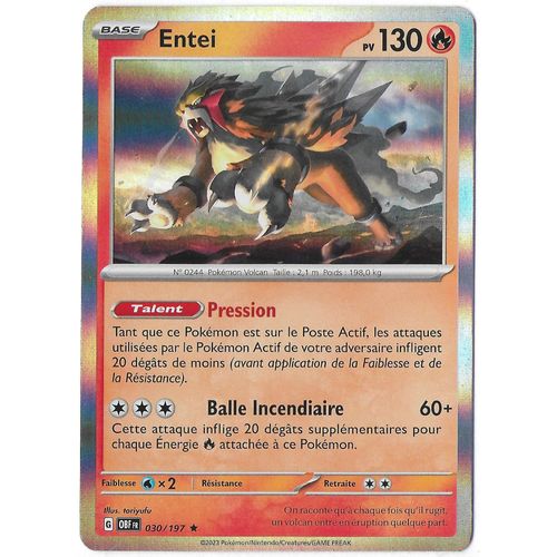 Entei 030 / 197 - Pv 130 - G Obf Fr - Carte Rare "Holo" Française - Ecarlate Et Violet - Flammes Obsidiennes