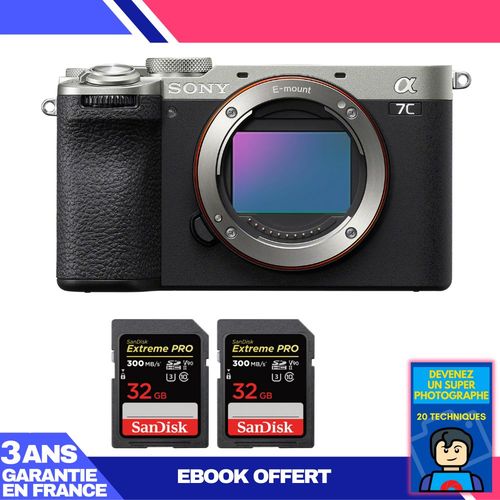 Boitier Sony A7C II Silver + 2 SanDisk 32GB Extreme PRO UHS-II SDXC 300 MB/s + Ebook 'Devenez Un Super Photographe'