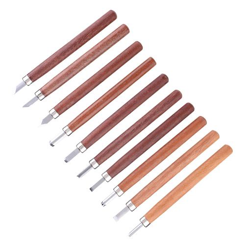 Lot de 10 burins en acier a haute teneur en carbone avec manche en palissandre et meule