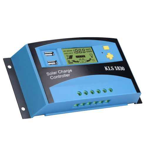 Controleur de charge de panneau solaire PWM double USB, ecran LCD 12 V, 24 V, 30 A (bleu)