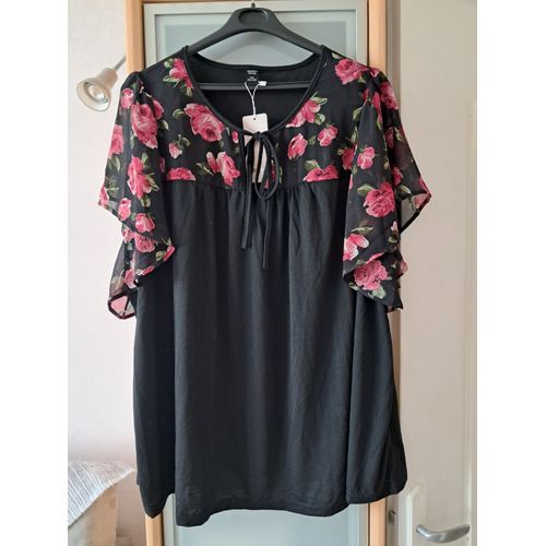 Tunique Neuve Taille 54-56 Noir Floral Aux Manches