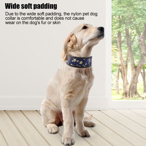 Hjlian Collier Pour Chien Reglable En Nylon Avec Boucle Reflechissante Et Rembourrage Doux, Motif Fleurs Bleu Marine, Taille M
