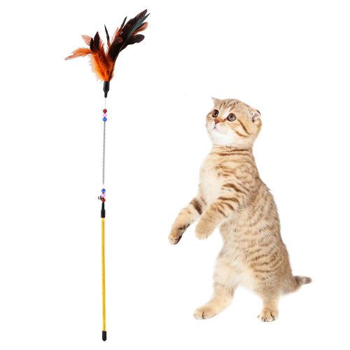 Hjlian Jouet Amusant Pour Chat, Accessoire De Jeu, Plume Coloree, Fil De Fer, Baguette A Ressort, Perles