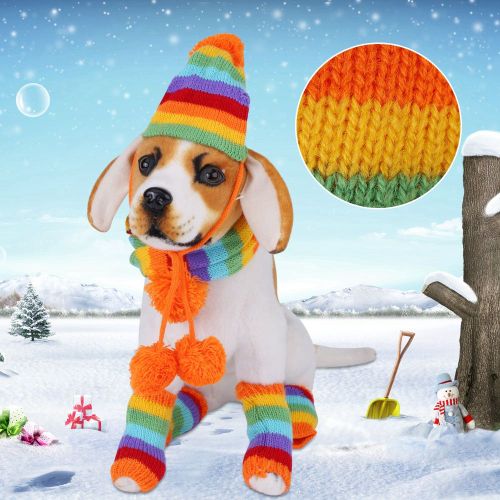 Hjlian Ensemble De 6 Pieces Pour Chien, Bonnet, Echarpe Et Jambieres, Mignon, Costume Arc-En-Ciel, Automne-Hiver, S