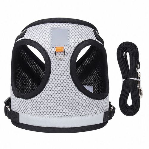 Hjlian Harnais Et Laisse Pour Chien, Double Couche, Maille Polyester Reflechissante, Corde De Traction Pour Chiot, Gris, Taille M