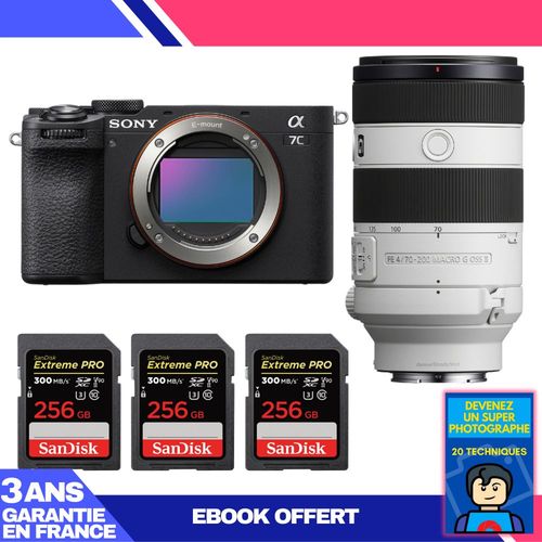 Boitier Sony A7C II Noir + FE 70-200mm f/4 Macro G OSS II + 3 SanDisk 256GB Extreme PRO UHS-II SDXC 300 MB/s + Ebook 'Devenez Un Super Photographe'