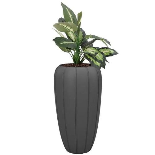 Pot De Fleurs Avec Insert Couleur Anthracite Rond 40 Cm H 75 Cm Surface Rainurée Plastique Mat Glamour Moderne