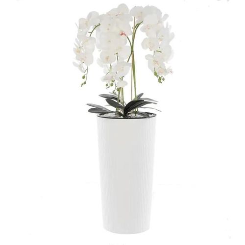 Orchidée artificielle bouquet blanc en pot fleurs H 107.5 cm pot rainures blanches