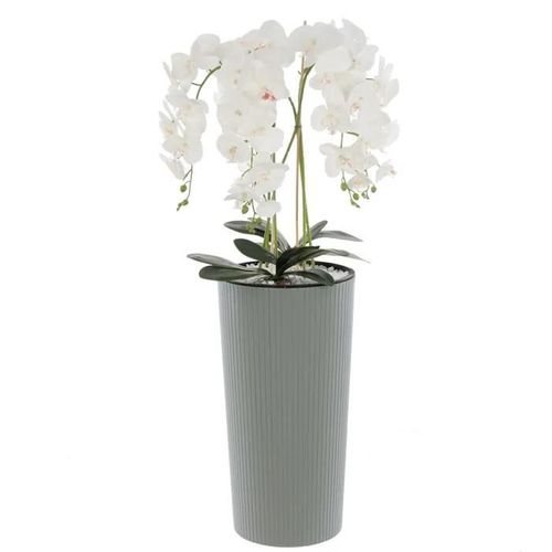 Orchidée artificielle bouquet blanc en pot fleurs H 107.5 cm pot rainures grises