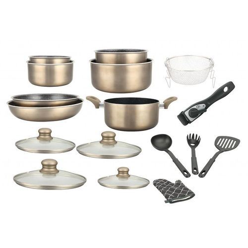 Batterie De Cuisine Revêtement Pierre Avec Manche Amovible 17 Pièces Carbonne Herzberg Hg8055-Car