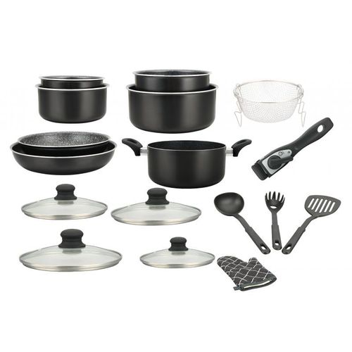 Batterie De Cuisine Revêtement Pierre Avec Manche Amovible 17 Pièces Noir Herzberg Hg8055-Blk