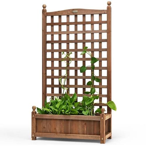 Jardinière 122 Cm En Bois De Sapin Costway, Bac À Fleurs Avec Treillis Pour Plantes Grimpantes Vigne Fleurs, Trou De Drainage