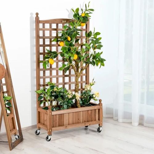 Jardinière 127 Cm En Bois Sapin Costway, Roues Verrouillables, Bac À Fleurs Avec Treillis Pour Plantes Grimpantes, Trou De Drainage