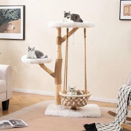 Arbre À Chat Multi-Niveaux 123cm En Bois Poirier Costway, Avec Balançoire Hamac, Poteaux À Gratter En Jute, 2 Perchoirs, Plateforme