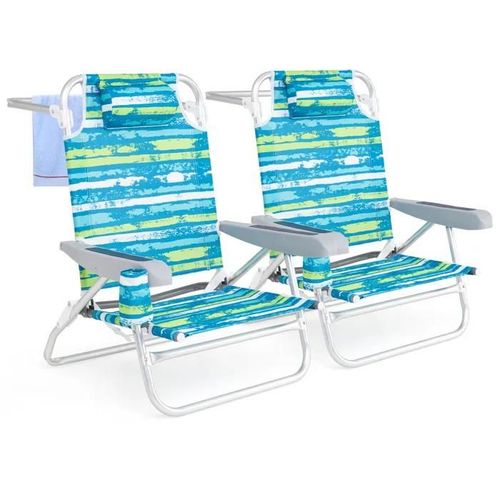 Lot De 2 Chaises De Jardin Pliables Costway, Tissu Oxford, Dossier Réglable À 5 Niveaux, Oreiller Porte-Serviette Sac Portable,Vert