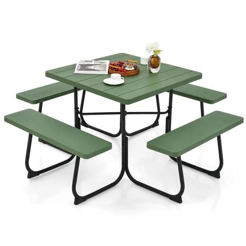 Costway Table De Pique-Nique Ronde Avec 4 Bancs Intégrés Pour 8 Personnes, Trou Pour Parasol, Pour Terrasse Jardin Camping, Vert