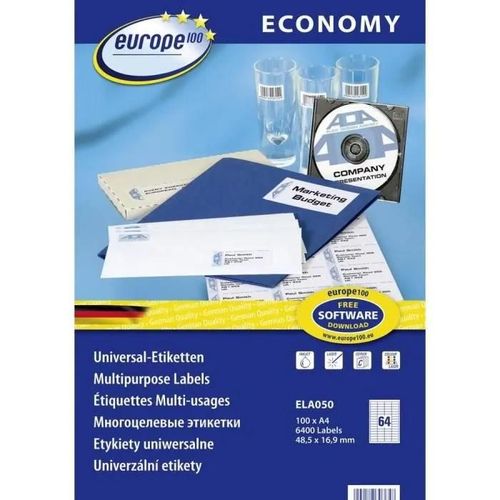 Etiquettes Universelles Europe100 Ela050, 48,5 X 16,9 Mm, 100 Feuilles/6400 Étiquettes, Blanc