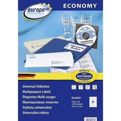 Etiquettes Universelles Europe100 Ela045, 70 X 41 Mm, 100 Feuilles/2100 Étiquettes, Blanc