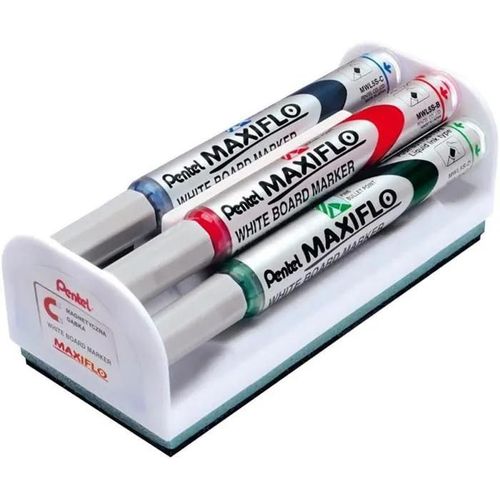Pentel Maxiflo Marqueur Pour Tableau Blanc - Pointe Fine - Noir, Bleu, Rouge, Vert - Jeu De Gommes Magnétiques