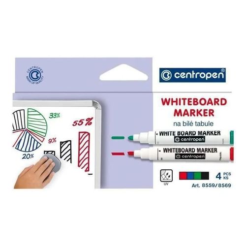 Centropen 8559 Marqueur Pour Tableau Blanc Noir, Rouge, Bleu, Vert Encre À Base D'alcool 2.5 Mm Pack De 4