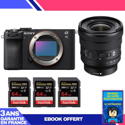 Boitier Sony A7C II Noir + FE PZ 16-35mm f/4 G + 3 SanDisk 64GB Extreme PRO UHS-II SDXC 300 MB/s + Ebook 'Devenez Un Super Photographe'